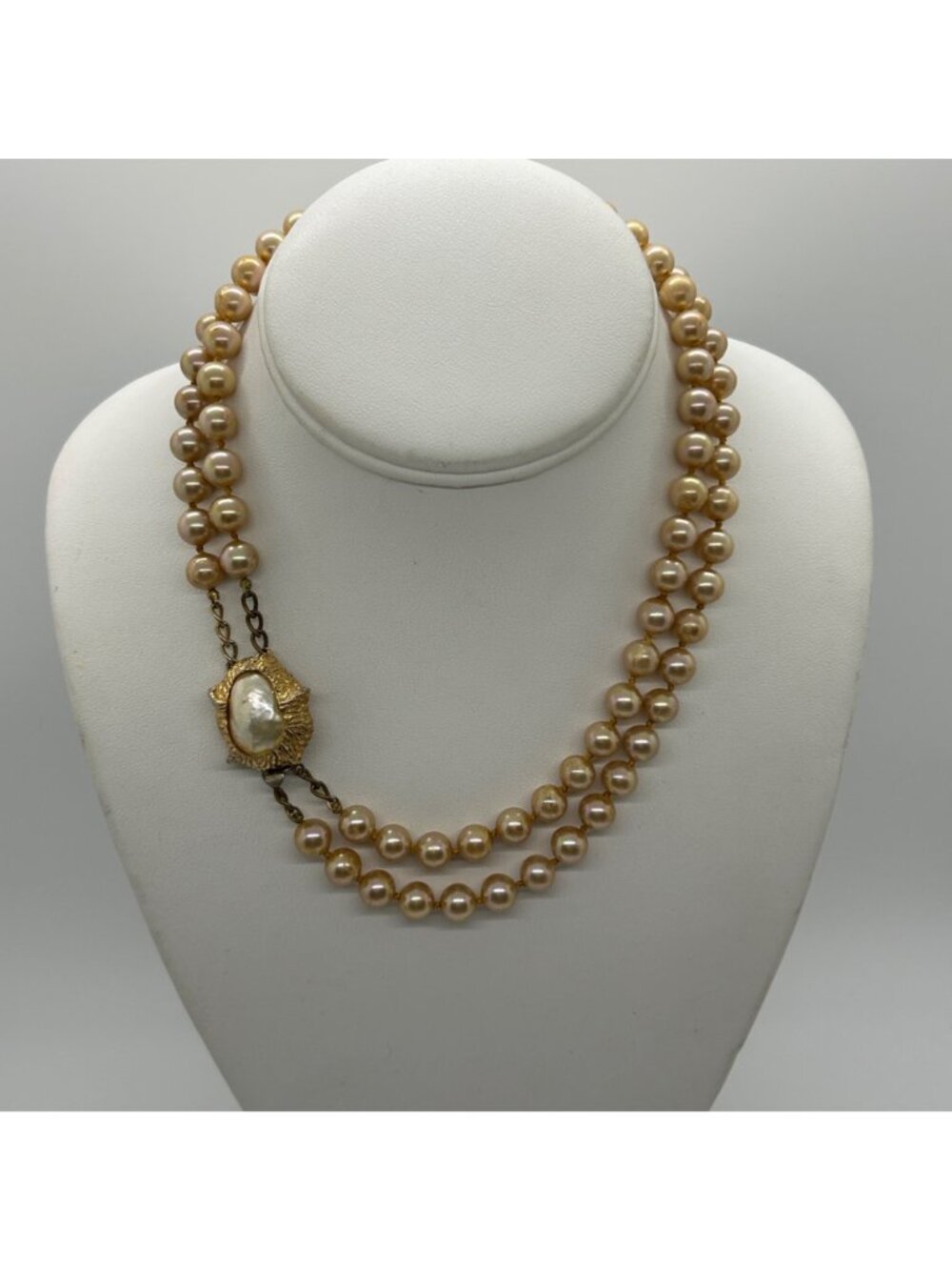 Vintage Marvella Double-Strand Glass Pearl Necklace With Ornate Gold-Tone Clasp - Picture 6 of 15